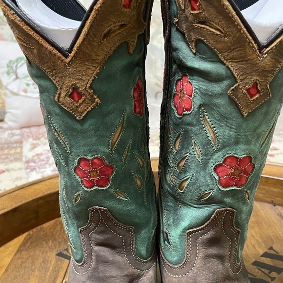LAREDO Womens Tan Brown Teal Flower Cut Out Leather Western Cowgirl Boots Sz 6.5 - Picture 7 of 15